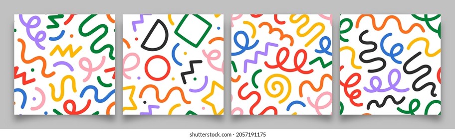 Conjunto de divertidos y coloridos toneles de doodle sin fisuras. Colección de fondo de arte de estilo minimalista creativo para niños o diseño moderno con formas básicas. Sencillo paquete de fondo de garrapato infantil.