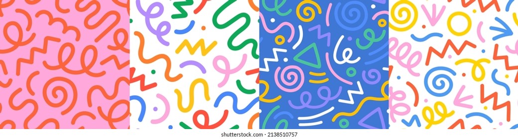 Set of fun colorful line doodle seamless pattern. Creative minimalist style art background collection for children or trendy design with basic shapes. Simple childish scribble backdrop bundle.