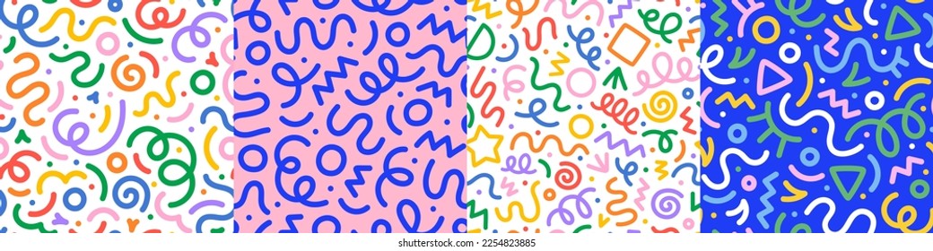 Set of fun colorful line doodle seamless pattern. Creative abstract art background collection for children or festive celebration design. Simple childish scribble wallpaper print texture bundle.