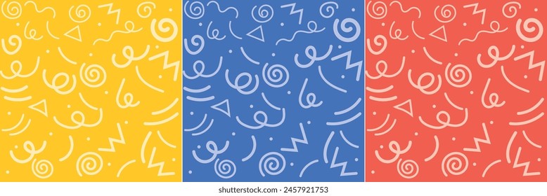 Set of fun colorful line doodle seamless pattern. Creative abstract art background collection for children or festive celebration design.  Simple childish scribble backdrop. Vector illustration eps10.