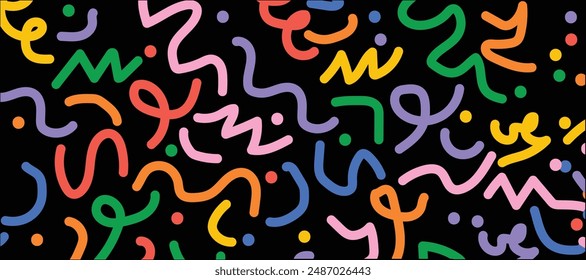 Set of fun colorful line doodle seamless pattern. Creative abstract art background collection for children or festive celebration design. Simple childish scribble wallpaper print texture bundle.