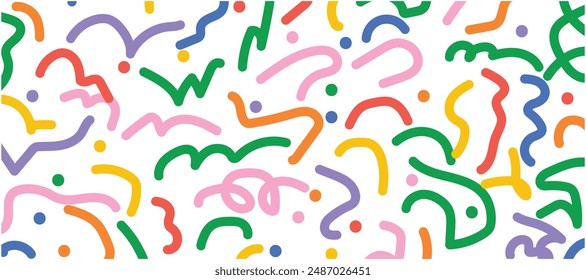 Set of fun colorful line doodle seamless pattern. Creative abstract art background collection for children or festive celebration design. Simple childish scribble wallpaper print texture bundle.