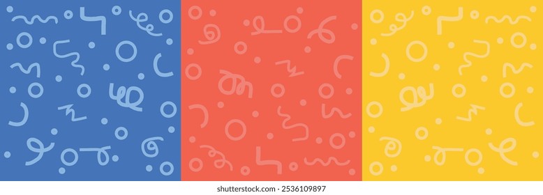 Set of fun colorful line doodle seamless pattern. Creative abstract art background collection for children or festive celebration design. Simple childish scribble backdrop. 