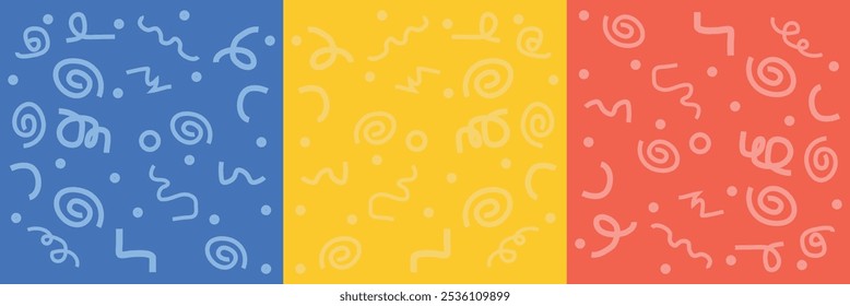 Conjunto de divertida linha colorida rabiscar padrão sem emenda. Coleção de fundo de arte abstrata criativa para crianças ou design de celebração festiva. Simples fundo de rabisco infantil. 