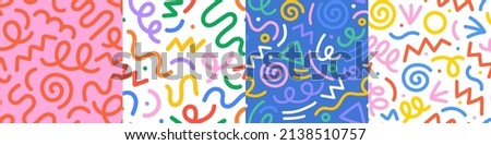 Set of fun colorful line doodle seamless pattern. Creative abstract art background collection for children or festive celebration design. Simple childish scribble wallpaper print texture bundle.