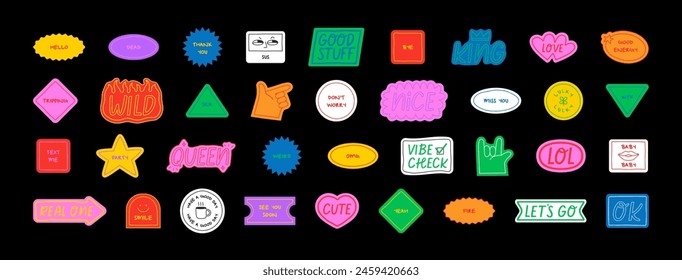 Set of fun colorful sticker illustration. Retro 90s style hand drawn doodle quote label collection, funny chat text icon with modern slang and positive words. Isolated flat cartoon clip art bundle.