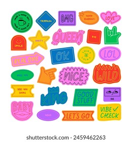 Set of fun colorful sticker illustration. Retro 90s style hand drawn doodle quote label collection, funny chat text icon with modern slang and positive words. Isolated flat cartoon clip art bundle.