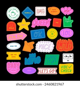 Set of fun colorful sticker illustration. Retro 90s style hand drawn doodle quote label collection, funny chat text icon with modern slang and positive words. Isolated flat cartoon clip art bundle.