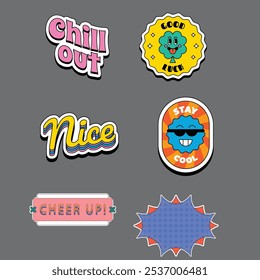 Set of fun colorful sticker illustration. Retro 90s style hand drawn doodle quote label collection, funny chat text icon with modern slang and positive words. Isolated flat cartoon clip art bundle.