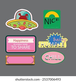 Set of fun colorful sticker illustration. Retro 90s style hand drawn doodle quote label collection, funny chat text icon with modern slang and positive words. Isolated flat cartoon clip art bundle.