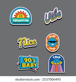 Set of fun colorful sticker illustration. Retro 90s style hand drawn doodle quote label collection, funny chat text icon with modern slang and positive words. Isolated flat cartoon clip art bundle.