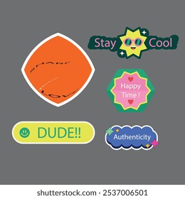 Set of fun colorful sticker illustration. Retro 90s style hand drawn doodle quote label collection, funny chat text icon with modern slang and positive words. Isolated flat cartoon clip art bundle.