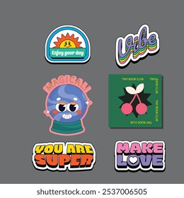 Set of fun colorful sticker illustration. Retro 90s style hand drawn doodle quote label collection, funny chat text icon with modern slang and positive words. Isolated flat cartoon clip art bundle.