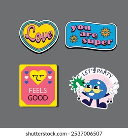 Set of fun colorful sticker illustration. Retro 90s style hand drawn doodle quote label collection, funny chat text icon with modern slang and positive words. Isolated flat cartoon clip art bundle.