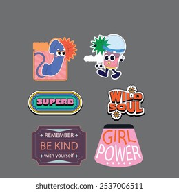 Set of fun colorful sticker illustration. Retro 90s style hand drawn doodle quote label collection, funny chat text icon with modern slang and positive words. Isolated flat cartoon clip art bundle.