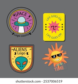 Set of fun colorful sticker illustration. Retro 90s style hand drawn doodle quote label collection, funny chat text icon with modern slang and positive words. Isolated flat cartoon clip art bundle.