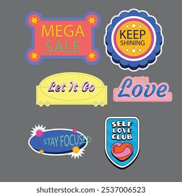 Set of fun colorful sticker illustration. Retro 90s style hand drawn doodle quote label collection, funny chat text icon with modern slang and positive words. Isolated flat cartoon clip art bundle.