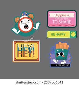 Set of fun colorful sticker illustration. Retro 90s style hand drawn doodle quote label collection, funny chat text icon with modern slang and positive words. Isolated flat cartoon clip art bundle.