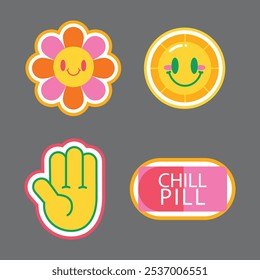 Set of fun colorful sticker illustration. Retro 90s style hand drawn doodle quote label collection, funny chat text icon with modern slang and positive words. Isolated flat cartoon clip art bundle.