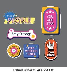 Set of fun colorful sticker illustration. Retro 90s style hand drawn doodle quote label collection, funny chat text icon with modern slang and positive words. Isolated flat cartoon clip art bundle.