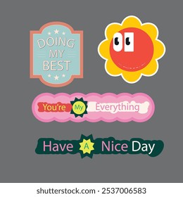 Set of fun colorful sticker illustration. Retro 90s style hand drawn doodle quote label collection, funny chat text icon with modern slang and positive words. Isolated flat cartoon clip art bundle.