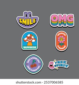 Set of fun colorful sticker illustration. Retro 90s style hand drawn doodle quote label collection, funny chat text icon with modern slang and positive words. Isolated flat cartoon clip art bundle.