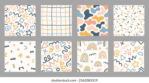 Set of fun colorful vector seamless pattern. Kid confetti background. Childish party celebration concept. Hand drawn design useful for fabric, textile, cover, banner, label, print, wrapping, wallpaper