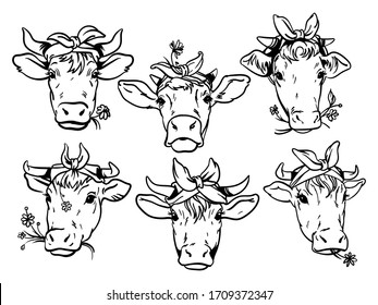 Set of fun cows silhouettes with bows and flowers in teeth