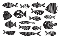 Set Of Fun And Cute Black And White Fish. Vector Illustration