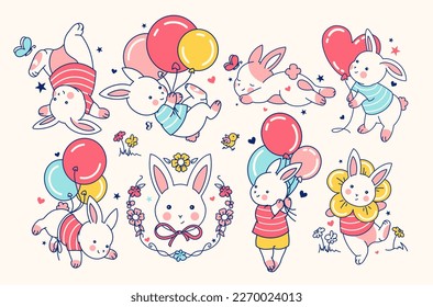 Set of fun cute cartoon baby bunnies. Doodle childish characters for stickers and prints. Isolated vector characters for Birthday, baby shower, Easter decoration.