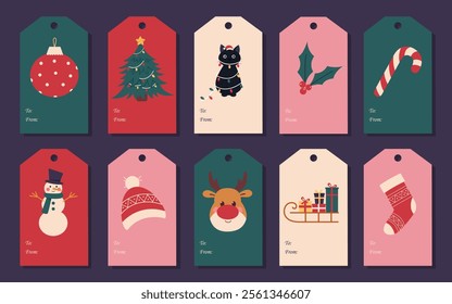 A set of fun and cute Christmas and Happy New Year tags. Vector illustration cartoon flat style.