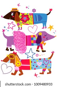 A set of fun and cute dachshunds wearing cool clothes and accessories. Great kids apparel print.