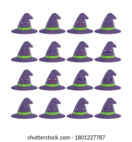 set of fun cute Halloween witch hat icon cartoons isolated on white background