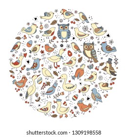 Set of fun cute patterned doodle birds, flowers, berries, leaves and eggs on white. Vector background.