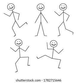 set of fun dancing men in different poses, happy stick man isolated on a white background