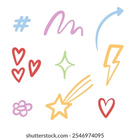 Set of Fun Decorative Icon Elements. A collection of 9 fun and versatile decorative icons, including hearts, a hashtag, sparkles, and more, perfect for creative projects