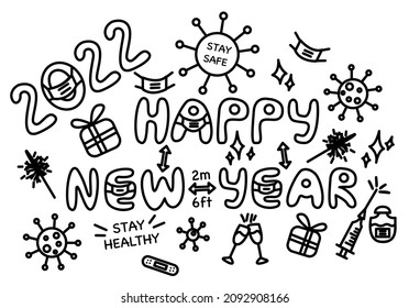 Set of fun doodle elements for healthy New Year celebration 2022. Happy vector symbols outline collection to stay safe. Vector illustration clipart for Christmas design. Festive celebration with masks