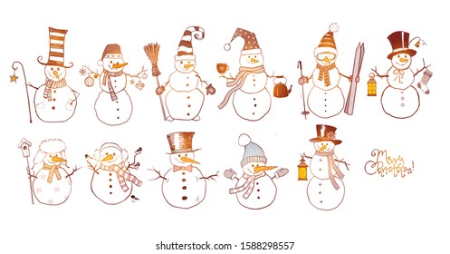 Set of fun doodle sketch snowmen on white background