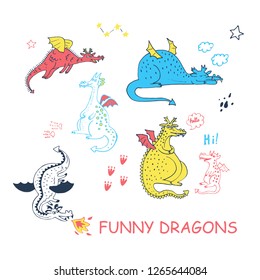 Set of fun dragons. Hand drawn lines. Vector illustration for t-shirt, clothes, textile, embroidery, wall art, denim, stickers, mugs, covers, patterns, phone cases and other use