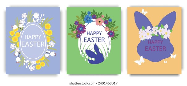A set of fun Easter posters, with the Easter bunny, flowers and butterflies. Ideal for a poster, cover or card. Easter concept. Vector illustration.