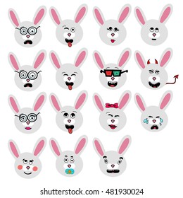 set of fun emoticon rabbit smileys isolated on white background.