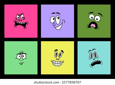 Set of Fun Emotion Faces on colorful background. Playful Doodle Emoticons with Expressive Eyes and Mouth, Smiling and Winking. Illustrations of Different Moods. Healthcare and mental health