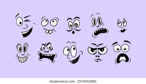 Set of Fun Emotion Faces. Playful Doodle Emoticons with Expressive Eyes and Mouth, Smiling and Winking. Illustrations of Different Moods