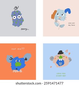 Set of fun faces and characters. Collection of emotions. Vector illustration