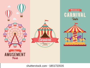 Set of Fun fair and Carnival theme banners. Vector illustration. Flat style design, Amusement park, circus and fun fair theme set, carousels, hot air balloon