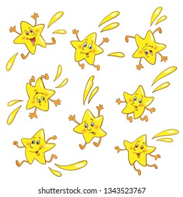 Set of fun falling stars. In cartoon style. Isolated on white background.