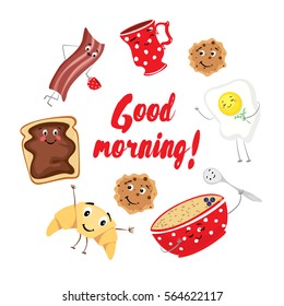 Set of fun food. Breakfast in the form of characters. A cup, a plate of porridge, croissant, toast, biscuits, scrambled eggs and bacon. Vector illustration.