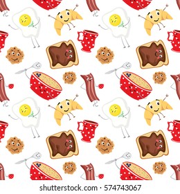 Set of fun food. Breakfast in the form of characters. A cup, a plate of porridge, croissant, toast, biscuits, scrambled eggs and bacon. Vector illustration. Background.