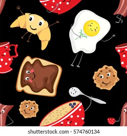 Set of fun food. Breakfast in the form of characters. A cup, a plate of porridge, croissant, toast, biscuits, scrambled eggs and bacon. Vector illustration. Background.