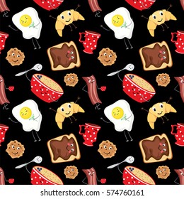 Set of fun food. Breakfast in the form of characters. A cup, a plate of porridge, croissant, toast, biscuits, scrambled eggs and bacon. Vector illustration. Background.